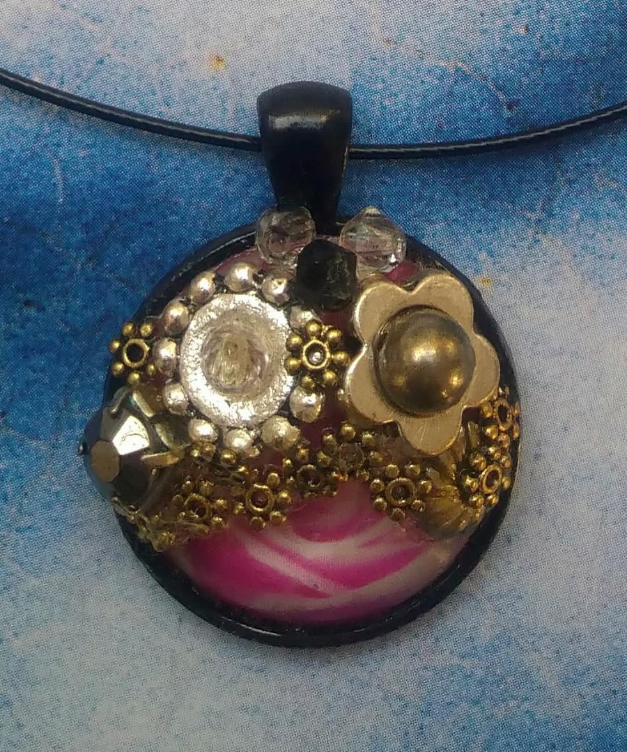 Bejewelled Pendant with Recycled Beads and Gems with a a Glass Cabochon