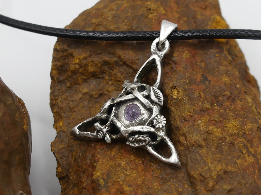 Sterling Silver Triquetra Pendant, Bee, Dragonfly, flowers Amethyst Necklace.