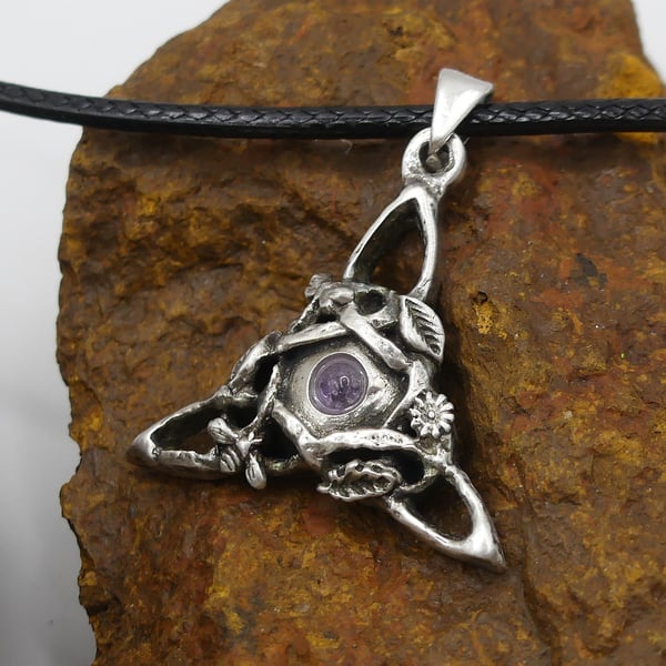 Sterling Silver Triquetra Pendant, Bee, Dragonfly, flowers Amethyst Necklace.