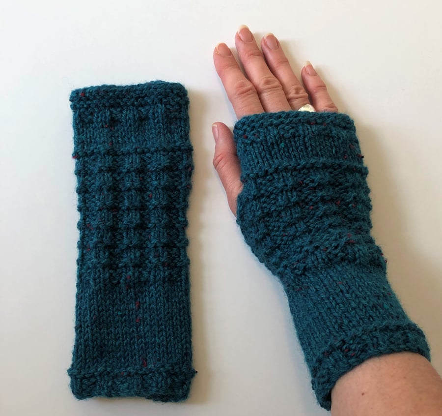 Fingerless Gloves Mittens Wrist Warmers in Dark Teal Blue Tweed Aran Wool