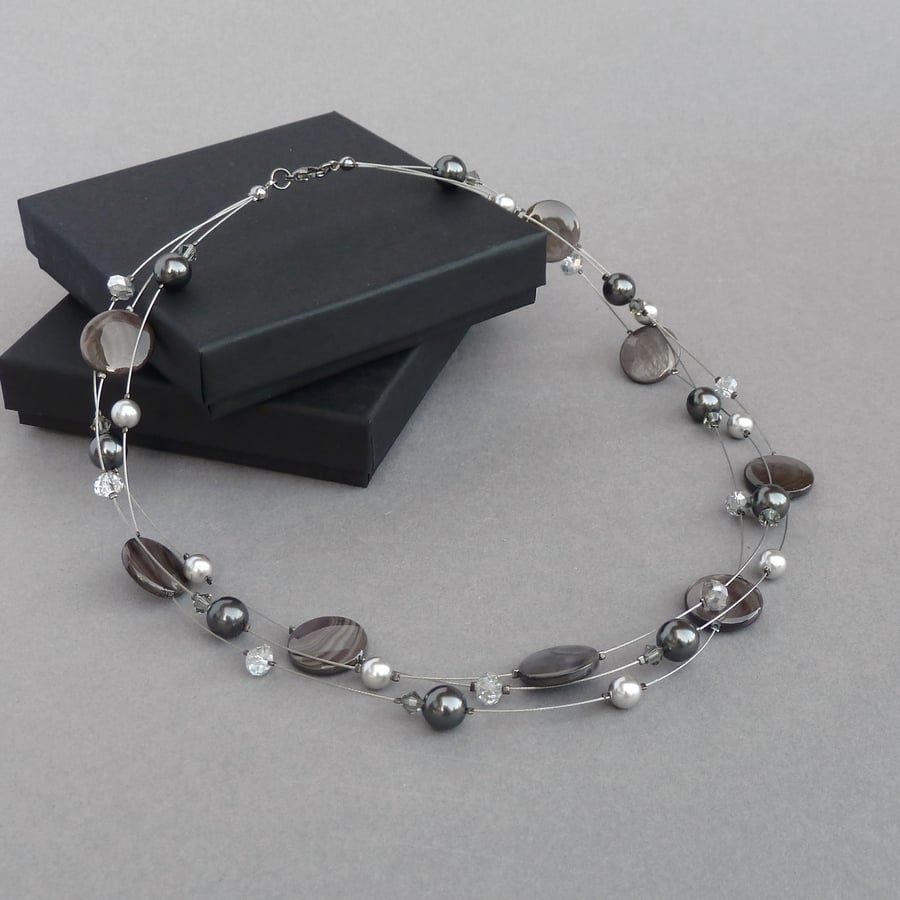 Dark Grey Multi-strand Necklace - Charcoal Floating Pearl Jewellery for Women