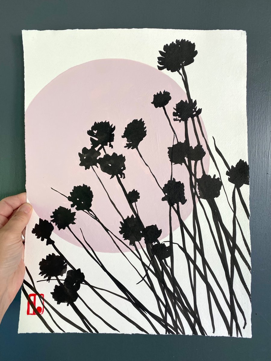 Botanical art, Garden chives, shadow painting, original, handmade, signed