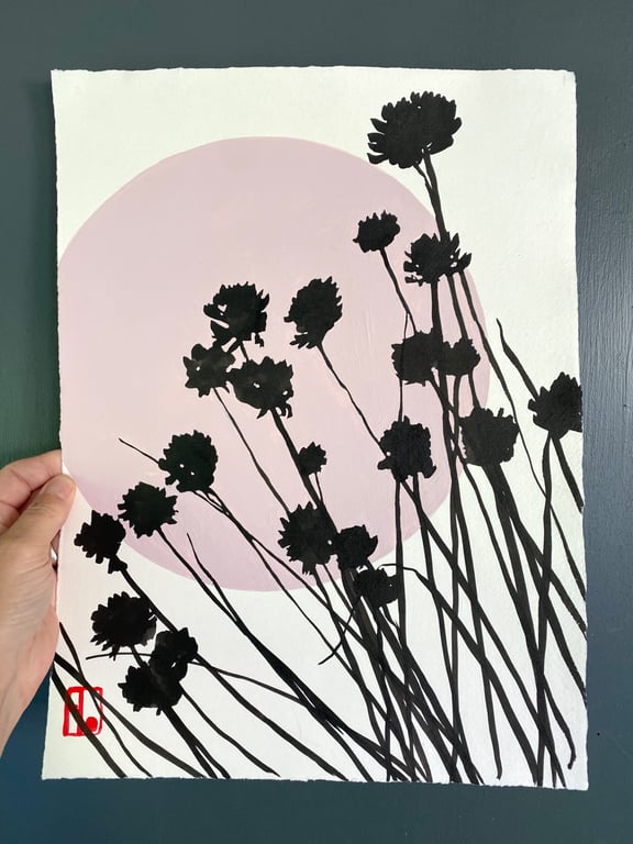 Botanical art, Garden chives, shadow painting, original, handmade, signed