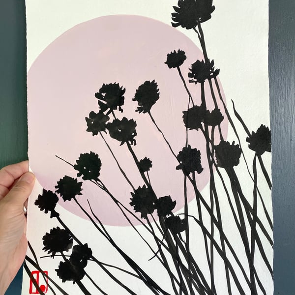 Botanical art, Garden chives, shadow painting, original, handmade, signed