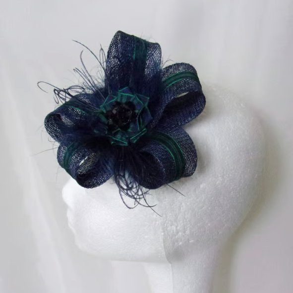 Navy Blue Black Watch Tartan Sinamay Feather Fascinator 