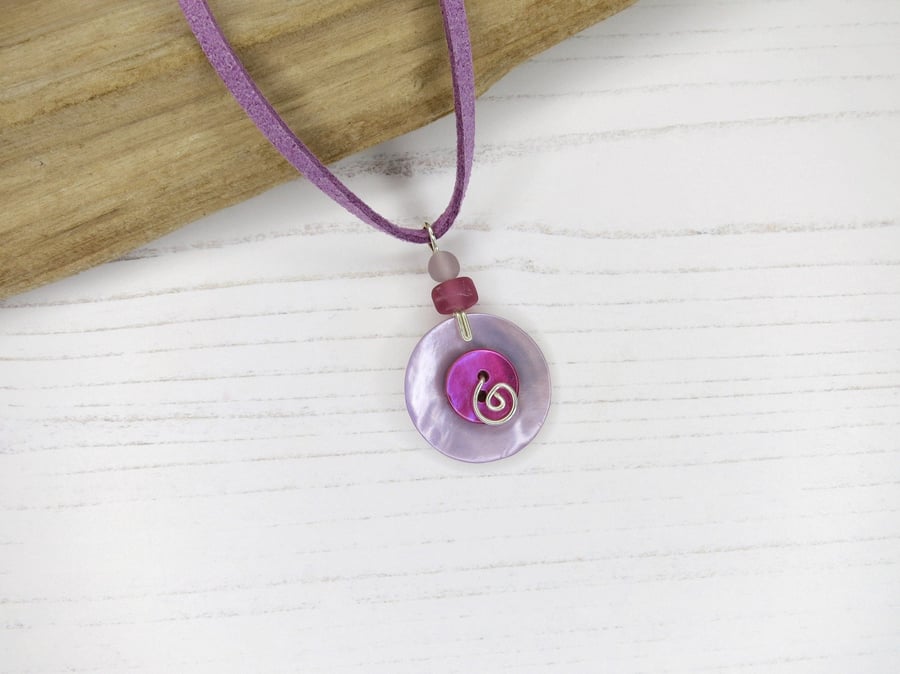 Lilac and Hot Pink Shell Button Pendant on Lilac Faux Suede Necklace