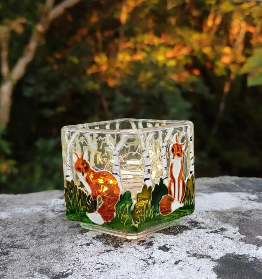 Hand painted glass candle holder, foxes in the woods 