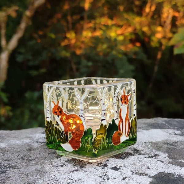 Hand painted glass candle holder, foxes in the woods 