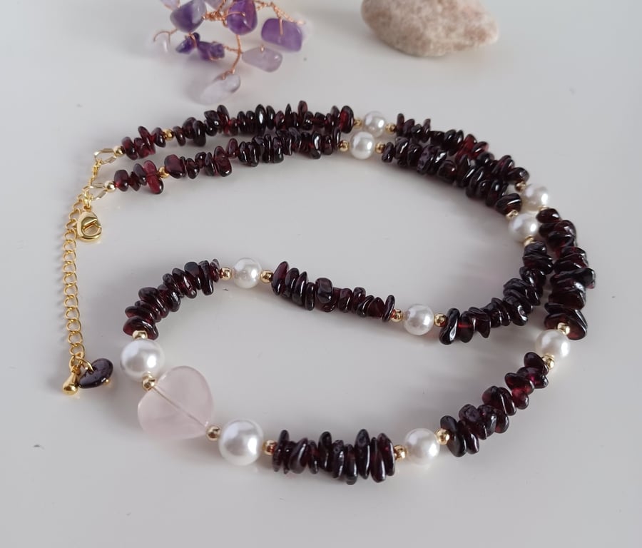Garnet, Pearl & Rose Quartz Heart Choker, Adjustable Gemstone Necklace