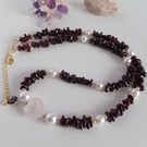 Garnet, Pearl & Rose Quartz Heart Choker, Adjustable Gemstone Necklace