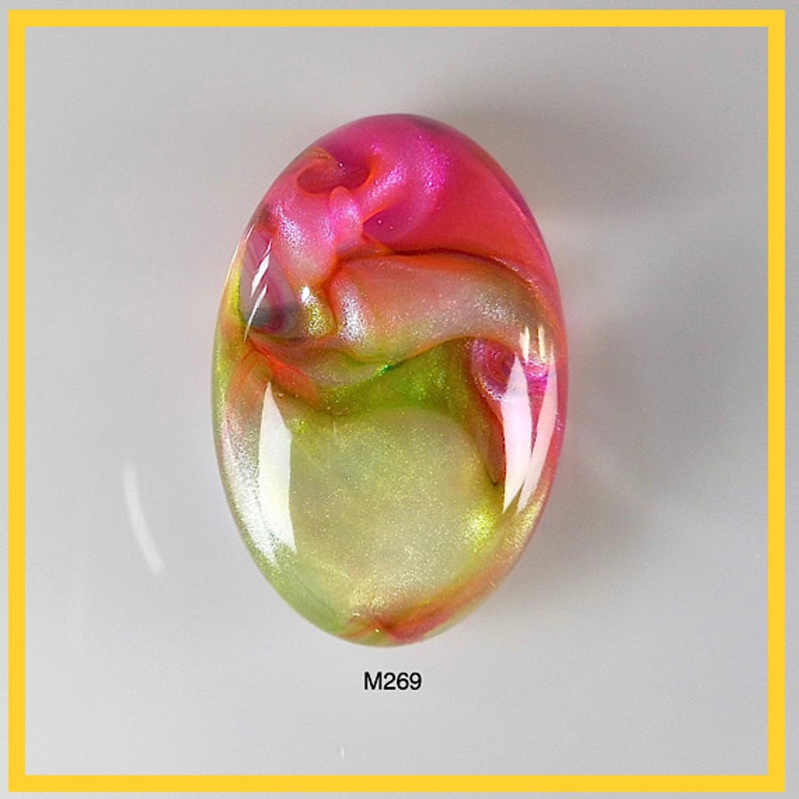 Medium Oval Pink & Green Cabochon, hand made, Unique, Resin Craft - M269