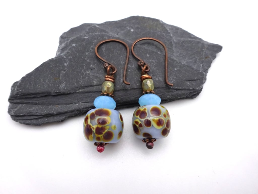blue speckled lampwork glass earrings