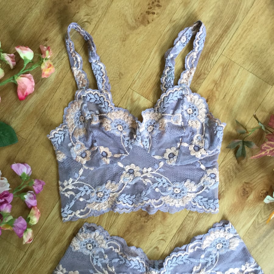 Classic strappy bralette , in hand dyed lace , rose tones ,from Fidditchdesigns 