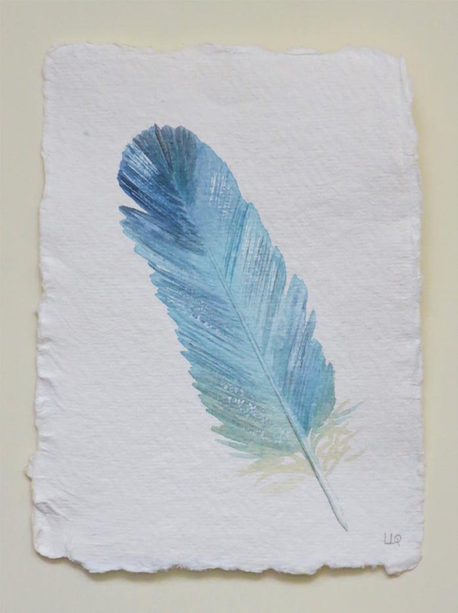 Blue feather original watercolour painting illustration on handmade paper