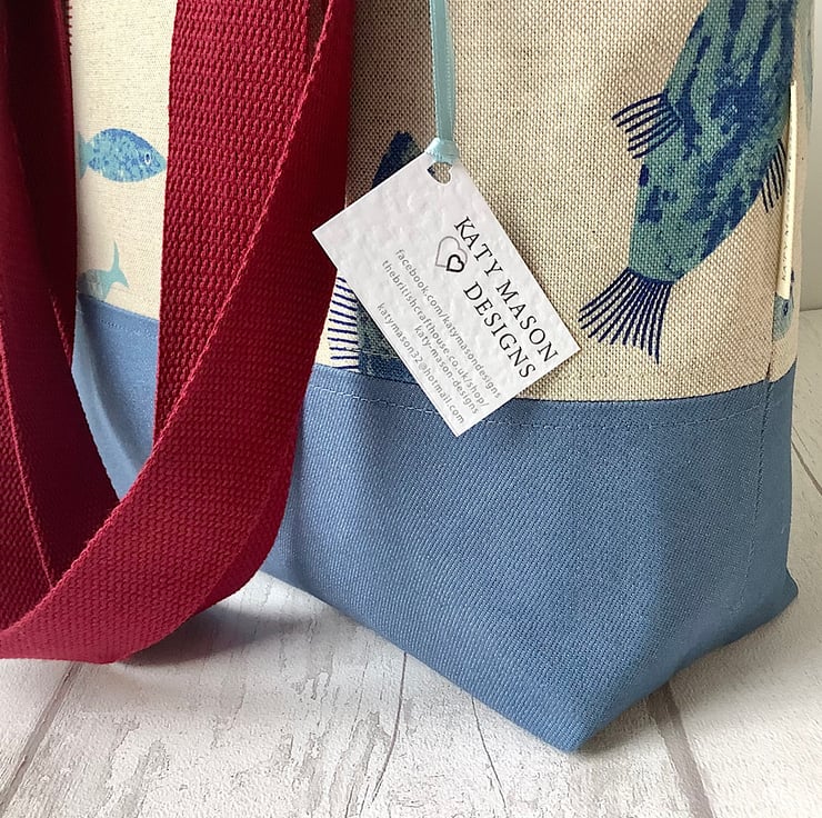 Blue Denim Fish Tote - Long Handles - Folksy