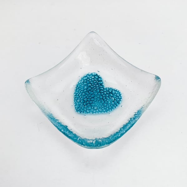 Fused Glass Bubby Heart Trinket Dish - Handmade Glass Dish