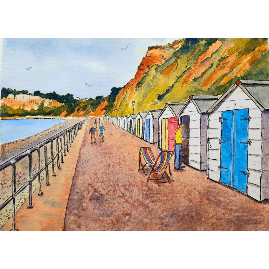 Seaton Esplanade Beach Huts Devon Original Watercolour and Ink Painting Mounted