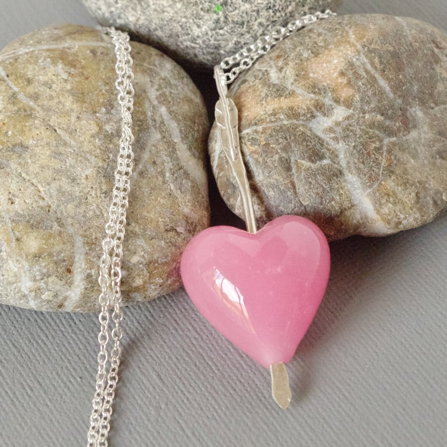Soft Pink Murano Heart and Sterling Silver Hand Made Arrow Pendant Necklace 