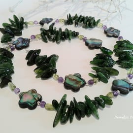 Rare Russian Diopside, Abalone Shell, Peridot, Amethyst 925 Silver Necklace