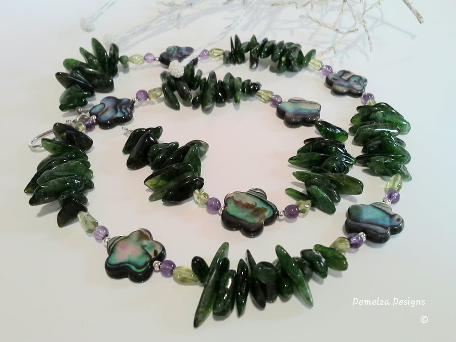 Rare Russian Diopside, Abalone Shell, Peridot, Amethyst 925 Silver Necklace
