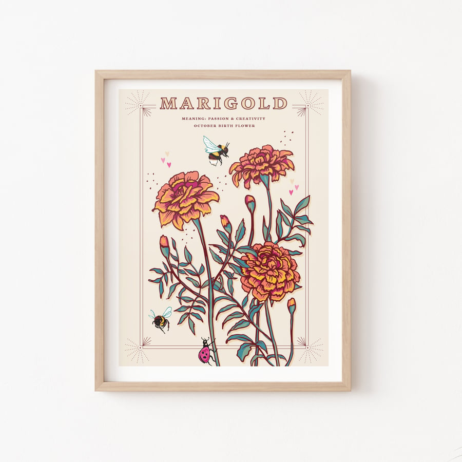 Marigold, October Birth Flower, Language of Flowers Illustration Print