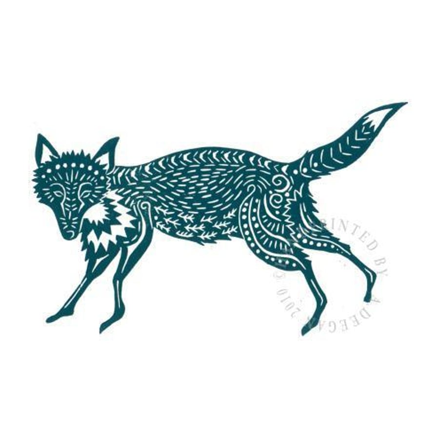 Original lino cut print "Garden Fox in Teal"