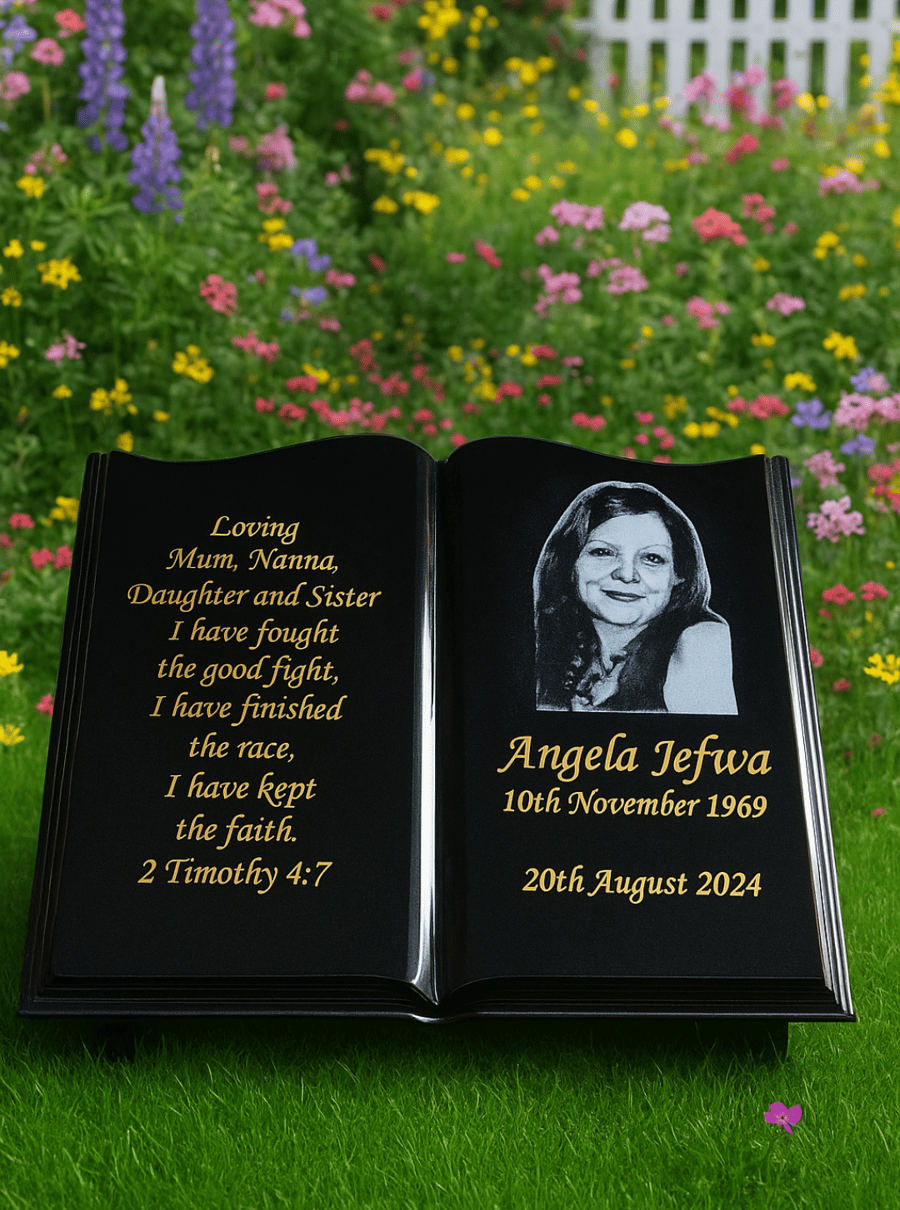 Personalised memorial Bible plaque Granite Photo Memorial Open Book