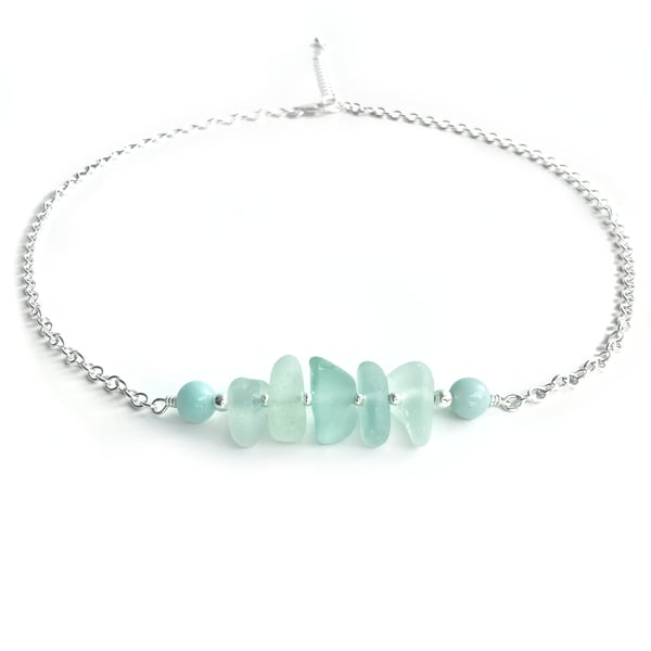 Sea Glass Necklace - Aqua Green and Amazonite Crystal Sterling Silver Jewellery