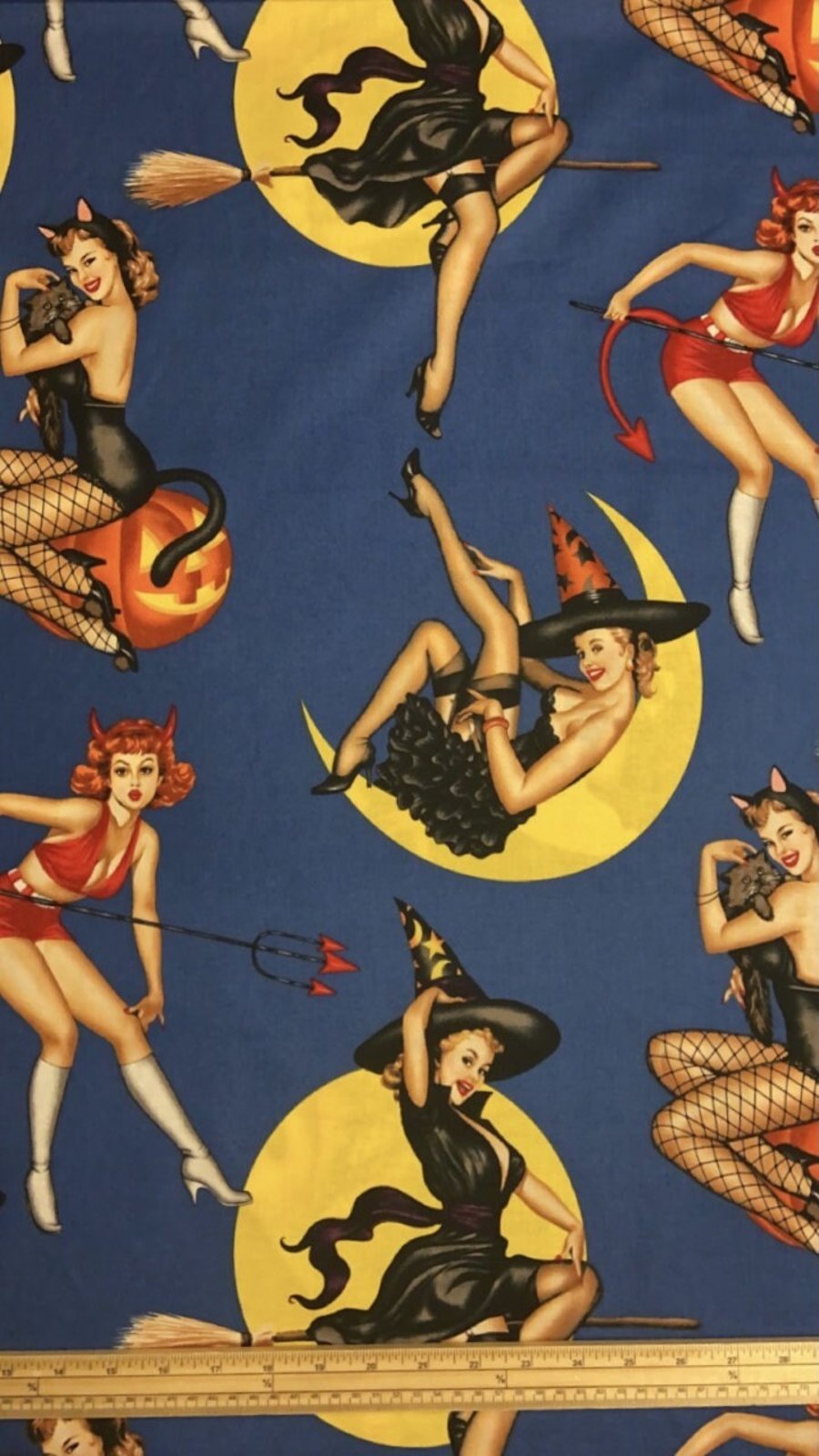 Fat Quarter Bewitched Retro Sexy Halloween Girl Blue 100% Cotton Quilting Fabric