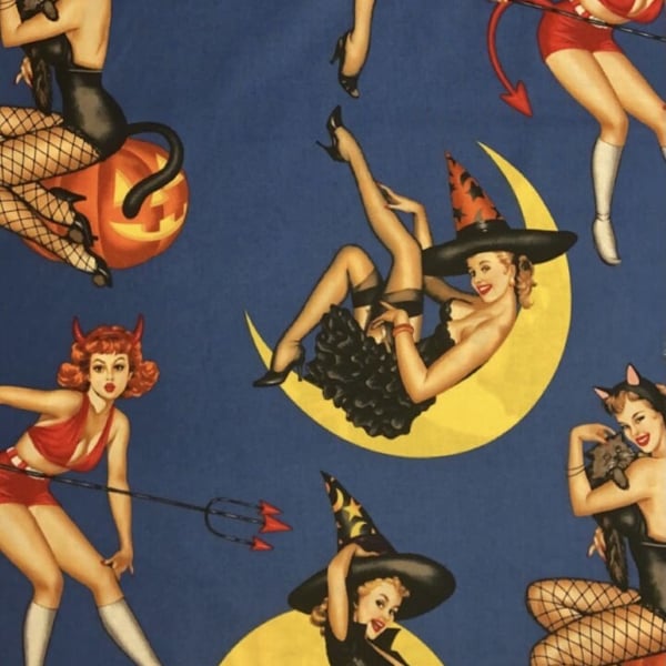 Fat Quarter Bewitched Retro Sexy Halloween Girl Blue 100% Cotton Quilting Fabric