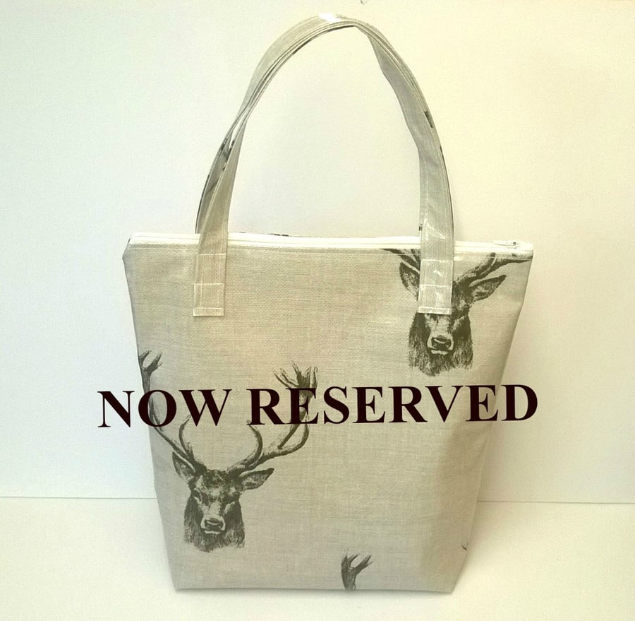 NOW RESERVED Tote bag with zip, beige with stag pattern, oilcloth