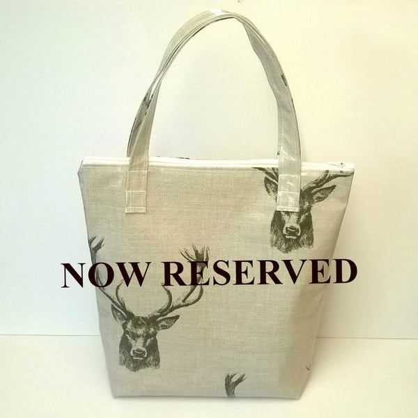 NOW RESERVED Tote bag with zip, beige with stag pattern, oilcloth