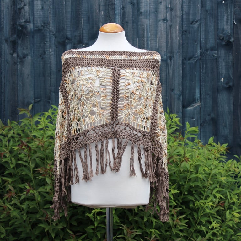 Taupe and Beige Mix Crochet Poncho - Design A542