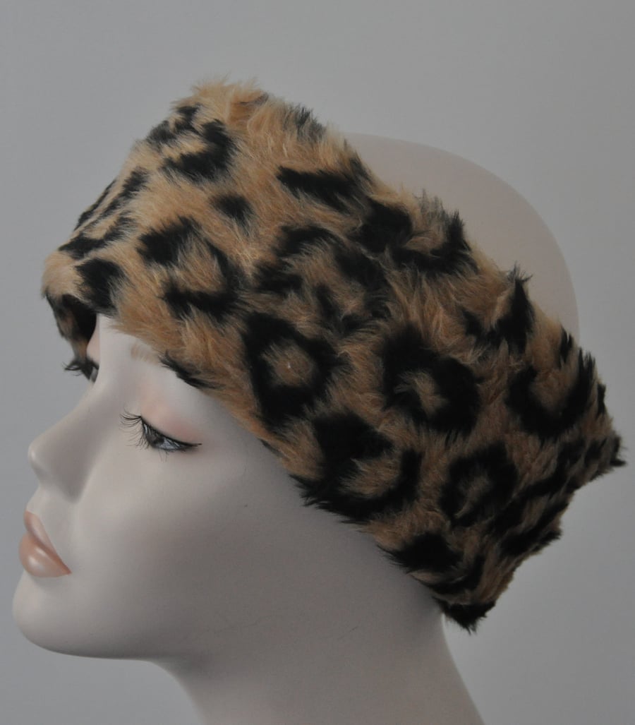 Ladies Faux Fur Headband Ear Warmer Head Band - Brown Leopard Print Edition