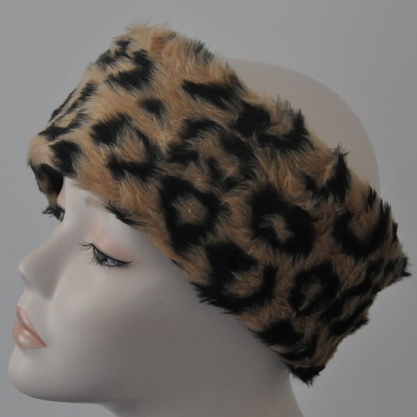 Ladies Faux Fur Headband Ear Warmer Head Band - Brown Leopard Print Edition
