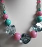 Retro Style Pink & Turquoise Reclaimed Beaded Necklace (Peppermint Candy) - Image 2