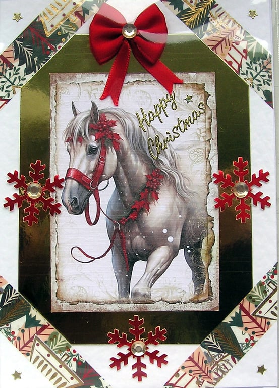 Hand Crafted Decoupage Chistmas Card - Happy Christmas (2736) - Pony Horse