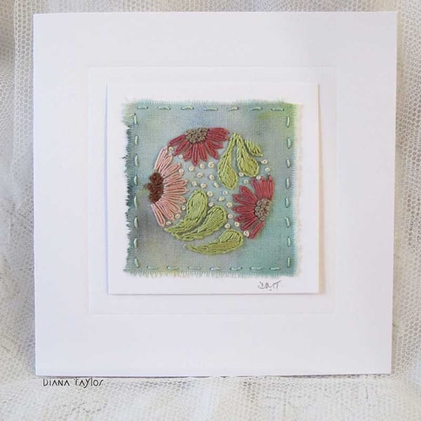 HAND EMBROIDERED FLORAL GREETINGS CARD ON HAND DYED FABRIC