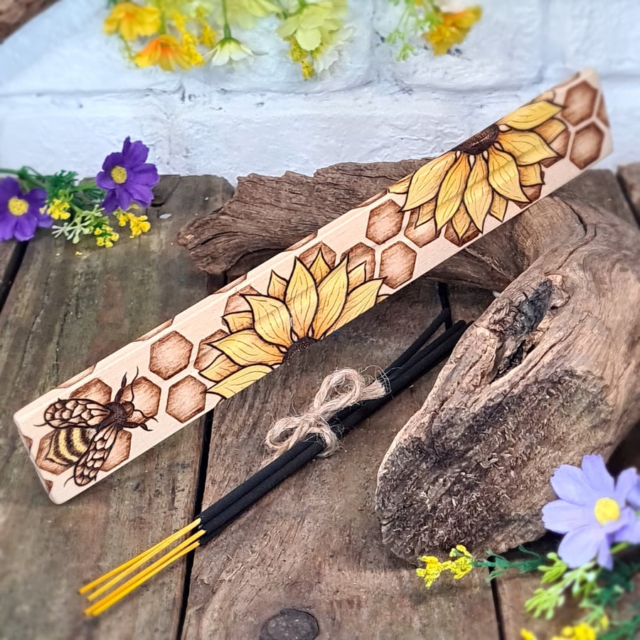 Pyrography floral bee  incense holder