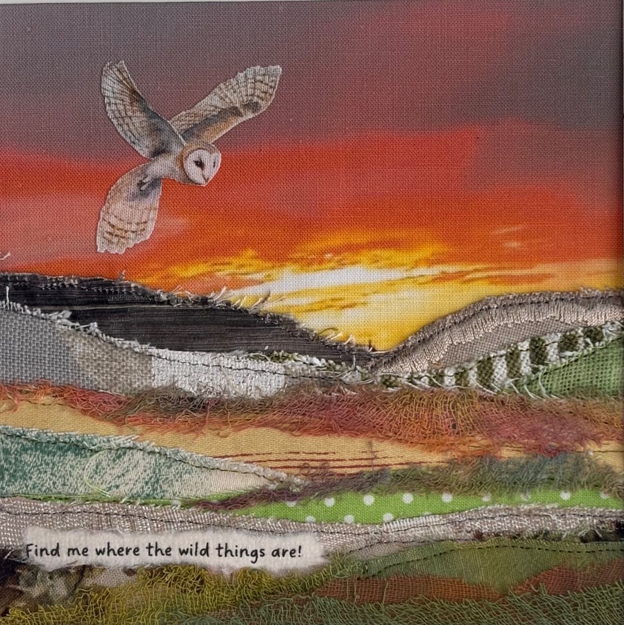 Textile landscape framed picture with owl… find me where the wild things are