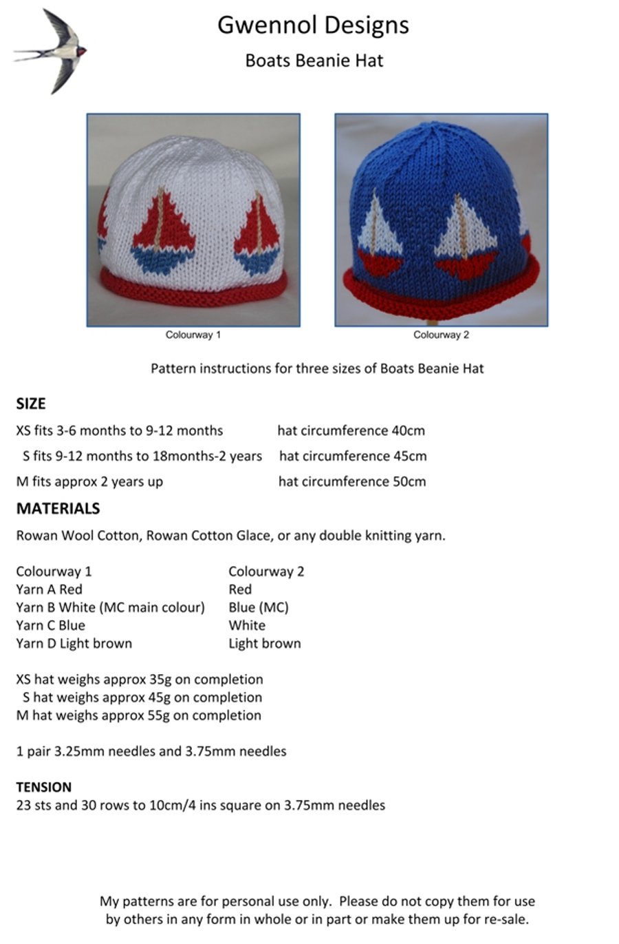 Boats Beanie Hat PDF Knitting Pattern
