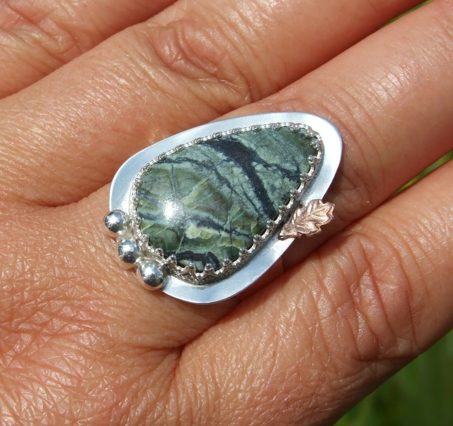 Cornish Serpentine Adjustable Statement Ring Sterling Silver Jewellery Gift