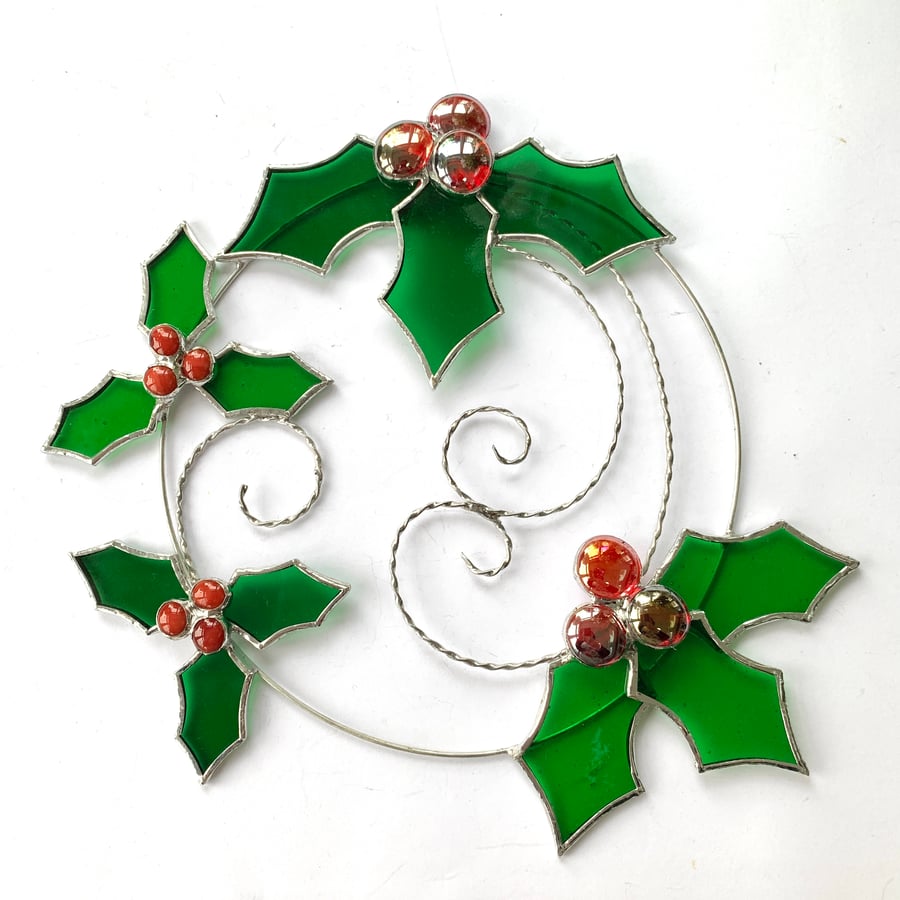 Stained Glass Holly Wreath - Handmade Hanging Window Decorations