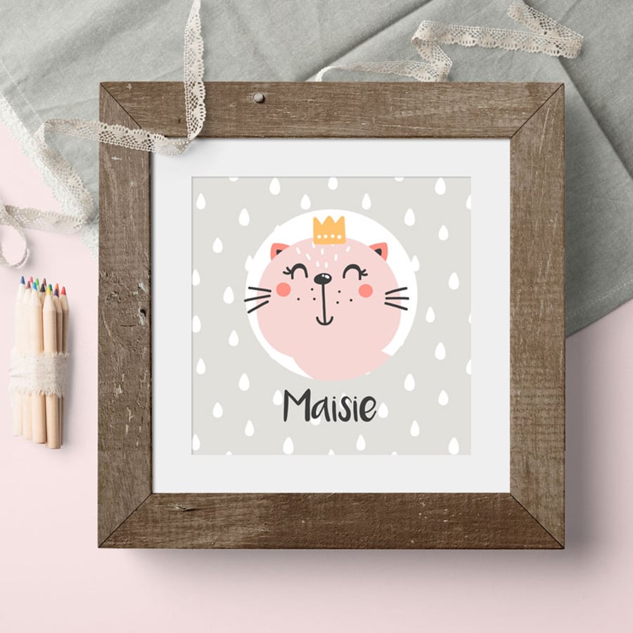Kitten Princess Personalised Nursery Art Canvas Print, baby christening cat gift