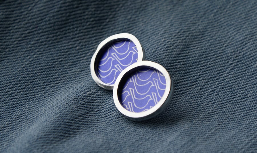 Purple bird pattern studs - silver circle