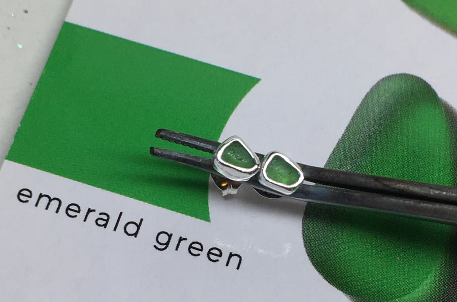 Unique Small Handmade Welsh Emerald Green Sea Glass & Silver Stud Earrings 