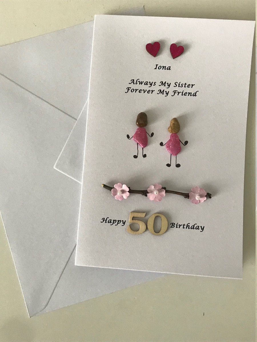 50th Birthday Pebble Work Card, Personalised Pebble Artwork Card, Handmade Birth