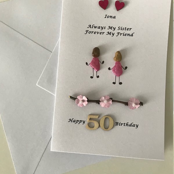 50th Birthday Pebble Work Card, Personalised Pebble Artwork Card, Handmade Birth