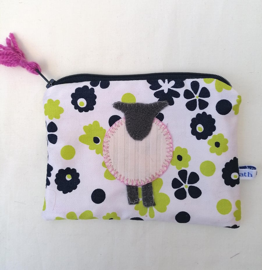 Sheep Purse, Fabric Zipped Pouch, Handmade