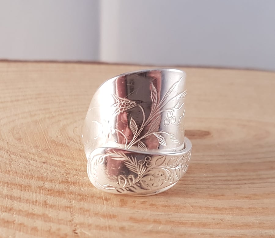 Sterling Silver Upcycled Engraved Bird Wrap Spoon Ring